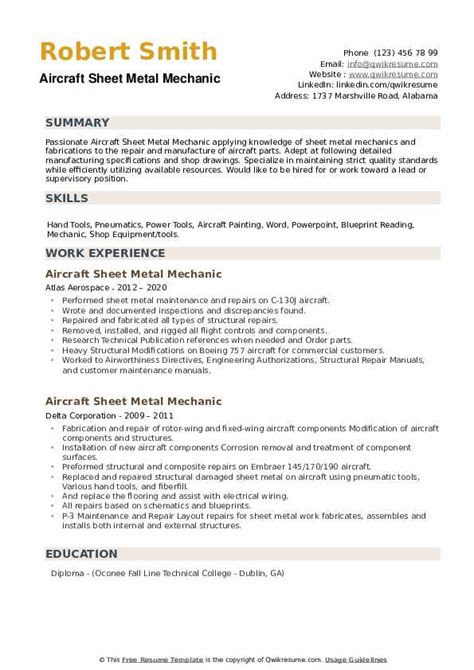 aircraft sheet metal resume|Aircraft Sheet Metal Mechanic Resume Examples.